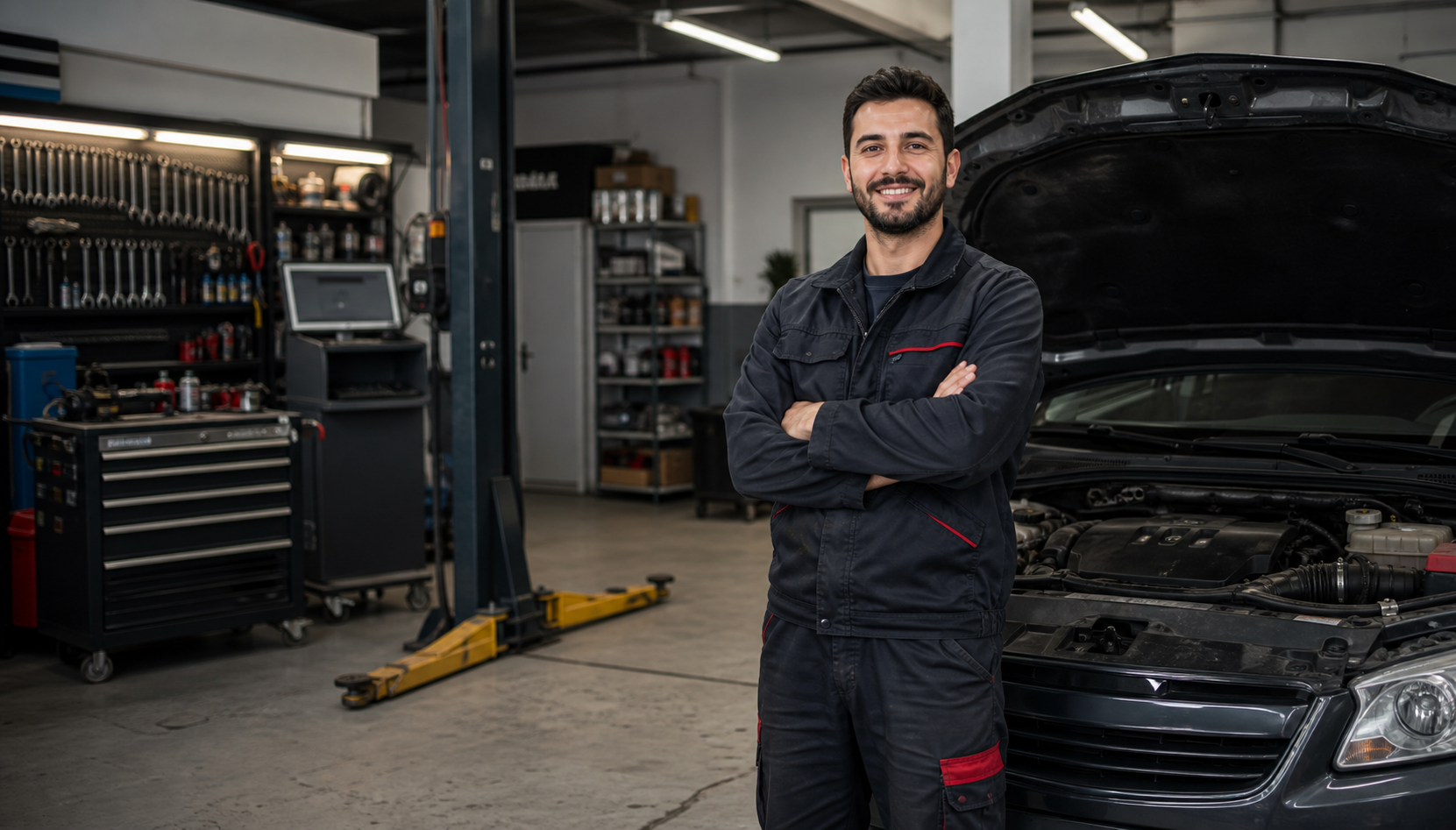 Profesyonel oto servisinde usta ve araç